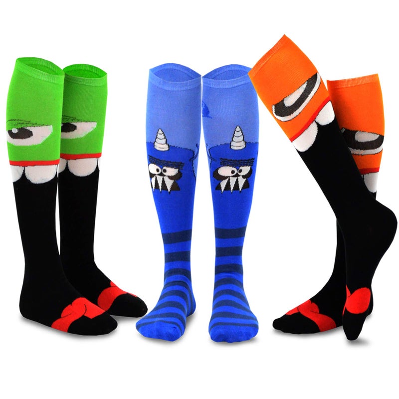 TeeHee Socks TeeHee Novelty Cotton Knee High Fun Socks for Women and Junior 3-Pair Halloween (Monster-C) - Image 1